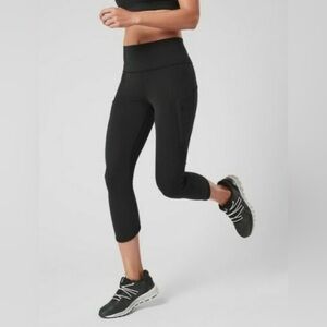 Athleta All In Capri Leggings Zip Pocket Drawstring High Waist Black Size Small